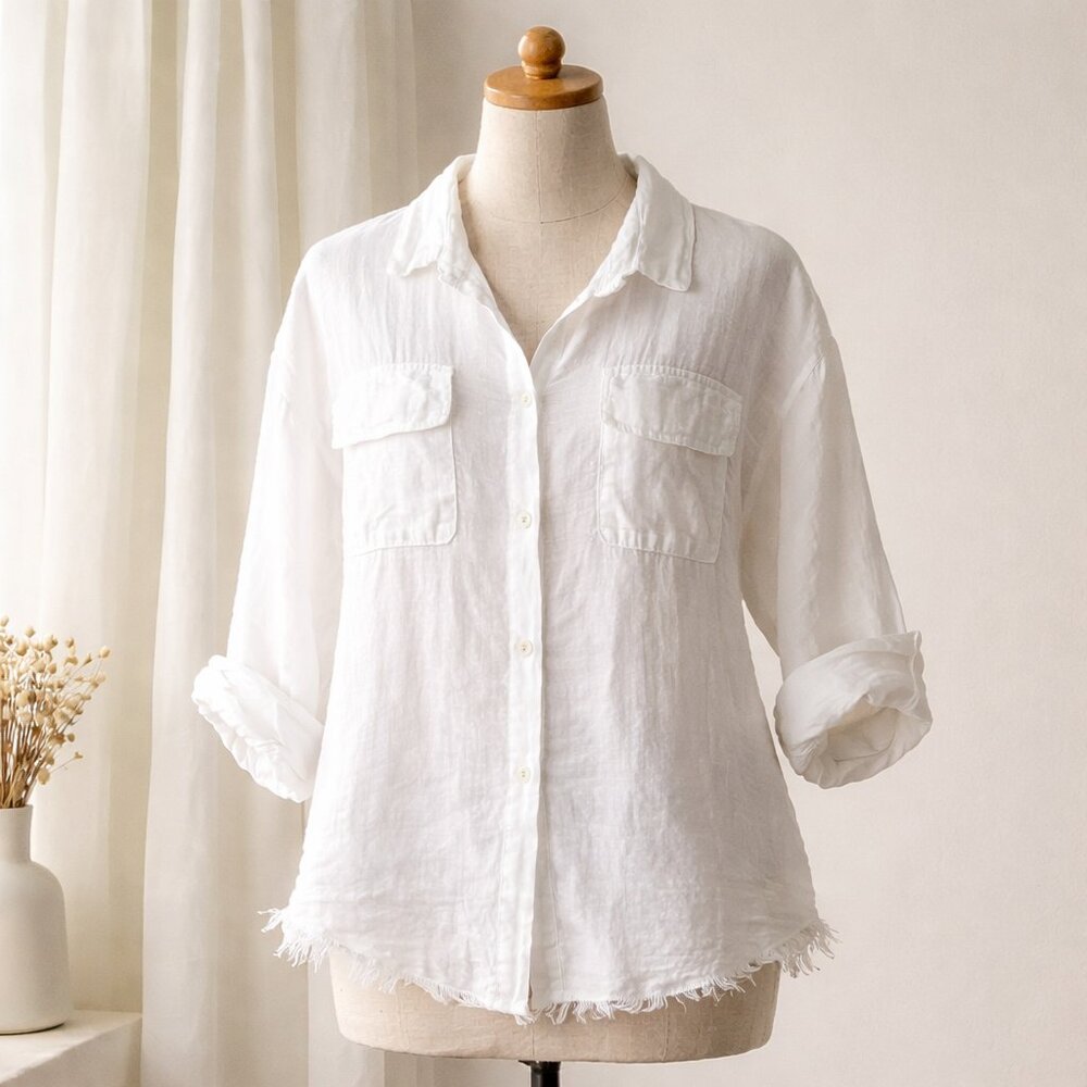 Tempo Paris 100% Linen White Button Down Shirt Raw Frayed Hem S/M Coastal